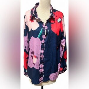 Floral Navy Button-Up Long Sleeve Blouse Women’s Size 2XL